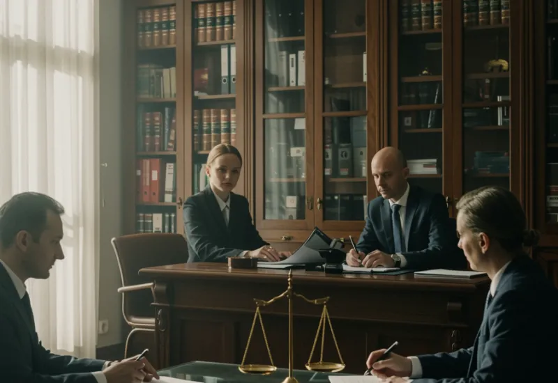 img nosotros 3 "Recepción moderna de un bufete de abogados con abogados en discusión profesional sobre documentos legales, estanterías de libros y luz natural."