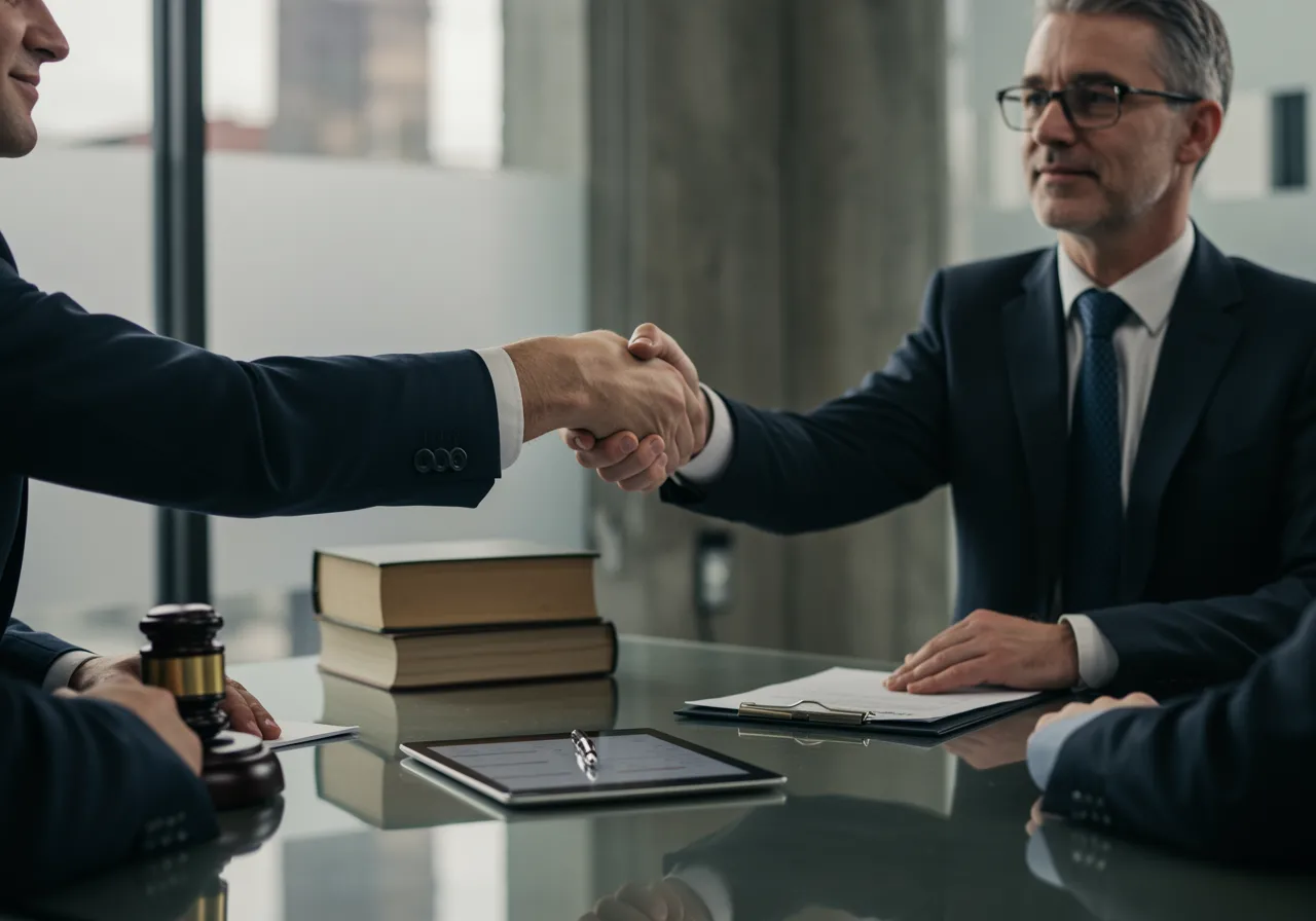 img seccion diferencia "Abogado blanco estrechando la mano a un cliente en una elegante sala de conferencias, simbolizando una relación de confianza y profesionalismo en asesoría legal."